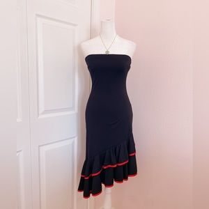 vintage 2000s black & red strapless asymmetrical midi dress